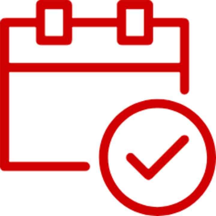 Calendar icon in red with a checkmark symbol indicating confirmation.